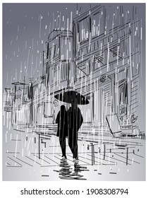 Raining in the city background vector illustration. Romantic,lovely,couple, rough,sketch,artistic.