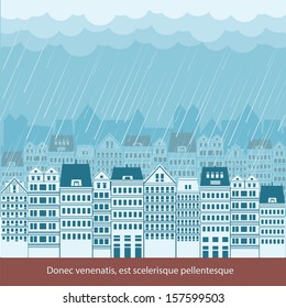 Raining in Cityscape background illustration for text  with big houses and sky