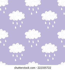 Raining cloud and falling drops seamless pattern. White on violet background. Children style vector illustration