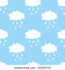 Raining cloud and falling drops seamless pattern. White on blue background. Children style vector illustration