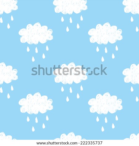 Raining cloud and falling drops seamless pattern. White on blue background. Children style vector illustration