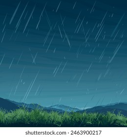 Raining in countryside landscape have glass fields, mountain range and dusk sky background flat design graphic illustration have blank space.