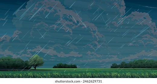 Raining in countryside rice fields landscape flat design graphic vector illustration have blank space.