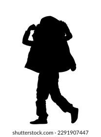 Día de lluvia, cubierta de niño con chaqueta protectora de la silueta del vector de lluvia. Niño con ropa mojada, zapatos, mal tiempo. Adolescente en forma de sombra cubierto contra la tormenta de viento. Problemas para caminar al aire libre