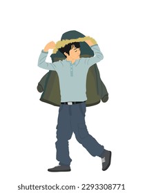 Raining day, boy cover with jacket protect of rain vector illustration. Child with wet clothes and shoes during bad weather. Teenager covered against wind and raining storm. Outdoor walking trouble.