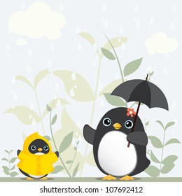 raining day - mum and baby penguin