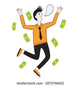 Raining Dollar bills falls on a happy man. Business success concept. Winning money in the lottery. Hand drawing line art doodle style