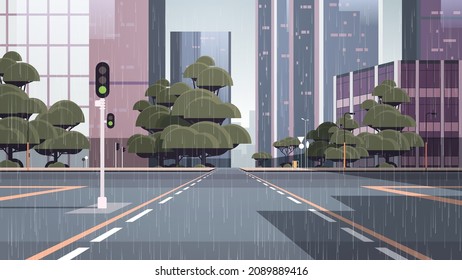 raining empty street road with crossroad and traffic light city buildings skyline modern architecture cityscape background