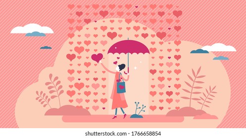 Raining hearts   love emotion scene in flat tiny person concept vector illustration  Romantic passion butterfly in stomach feeling abstract visualization and symbolic happy   beautiful female
