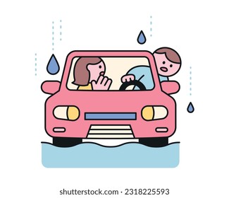 It was raining heavily, which made driving a problem. A cute and simple illustration with a thick outline.