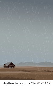 Raining in minimalist wheat field landscape with country house in the middle have mountain ranges far away and dusk sky vertical background graphic illustration.