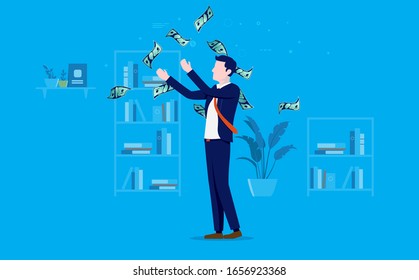 Raining money in office - Money falling on businessman in workplace, or man throwing money in the air. Blue background. Income, salary, payday and profits concept. Vector illustration.