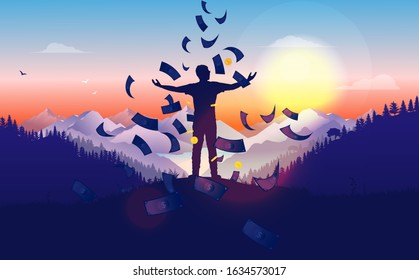 Raining money on man. Person on hilltop with arms raised looking at the sunrise while money is falling from the sky. Financial freedom, big salary, easy money and passive income concept. Vector EPS.