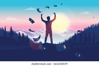 Raining money on winner at sunrise. Man with raised hands, money falling from the sky, nature, forest and mountains in background. Financial freedom, lotto winner and passive income concept. Vector.