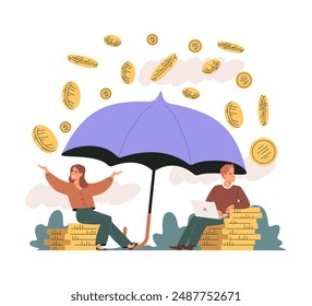 It's raining money. Young woman and man sitting under umbrella and rejoice at large amount of gold coins. Vector illustration.