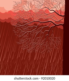 Raining nature landscape with tree in evening.Vector illustration background