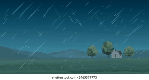 Lluvia en paisaje rural vista lateral diseño plano gráfico ilustrado tienen espacio en blanco.