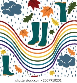 Raining seamless pattern with autumn elements. Fall foot wear, rainbow, clowds, rain, leaves.