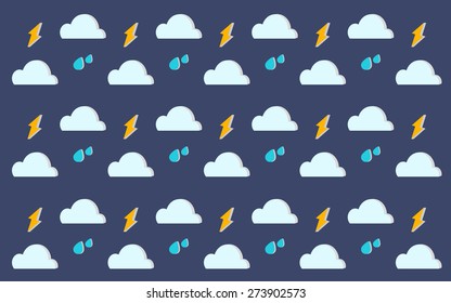 RAINING SKY
repeated 3 dimensions simple graphic icons make seamless pattern of cloud accompanied with rain drops and thunderbolt on the dark blue background.