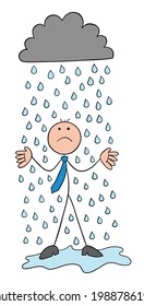 It's raining, stickman businessman character getting wet and unhappy, vector cartoon illustration. Black outlined and colored. 