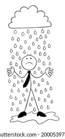 It's raining, stickman businessman character getting wet and unhappy, vector cartoon illustration. Black outlined and white colored.