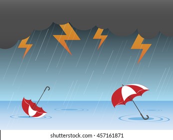 Raining and thunder with umbrella on the wet floor