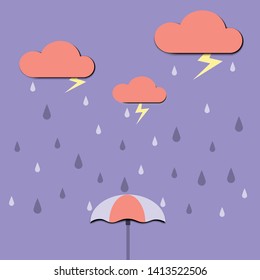 Raining with thunder and umbrella in papercut mix with flat design style in pastel tone