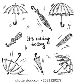 It's raining today. Weather forecast. Opened closed umbrella in brush stroke texture isolated on white background. Hand drawn vector sketch illustration in vintage charcoal ink. Icon set