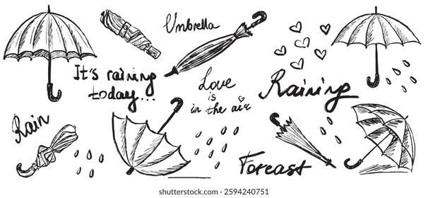 It's raining today. Weather forecast. Opened closed umbrella in brush stroke texture isolated on white background. Hand drawn vector sketch illustration in vintage charcoal ink. Icon set