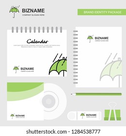 Raining and Umbrella Logo, Calendar Template, CD Cover, Diary and USB Brand Stationary Package Design Vector Template