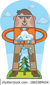 the rainmaker man holding cloud as it rains on tree ecology