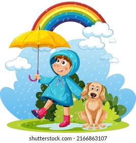 Rainny day with a girl in raincoat and a dog illustration