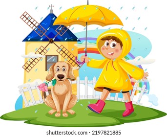 Rainny day with a girl in raincoat and a dog illustration