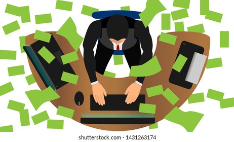 it rains banknotes a businessman works. work target income. Eps10 file