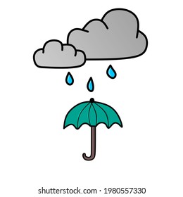 es regnet von den Wolken und es gibt einen Regenschirm darunter