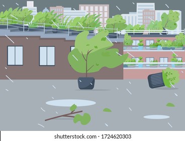 Rainstorm flat color vector illustration. Empty city street 2D cartoon landscape with cityscape on background. Extreme weather, natural disaster. Heavy storm, rainfall with strong blowing wind
