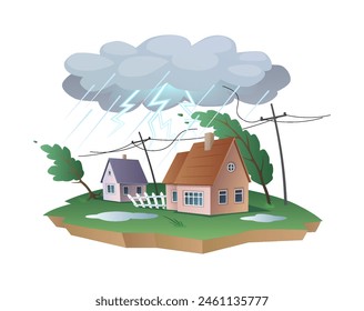 Rainstorm with lightening and strong wind 2D cartoon objects. Dangerous nature disaster with rain line vector scene on white background