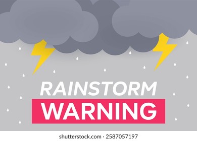 Rainstorm warning sign. Lightning and rain falling from dark clouds. Weather hazard. Vector illustration.