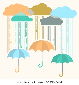 Rain.Vector image with stylish flat clouds and umbrella background
