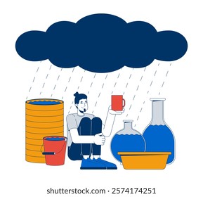 Rainwater harvesting 2D illustration concept. Conservation. Caucasian man collecting rain water with various containers cartoon character isolated on white. Metaphor abstract flat vector graphic