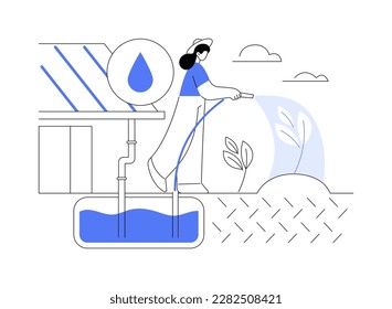 Rainwater harvesting abstract concept vector illustration. Woman using rainwater harvesting system, ecology environment, sustainable building, eco-friendly architecture abstract metaphor.