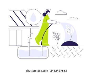 Rainwater harvesting abstract concept vector illustration. Woman using rainwater harvesting system, ecology environment, sustainable building, eco-friendly architecture abstract metaphor.