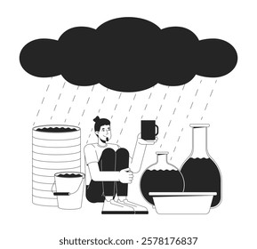 Rainwater harvesting black and white 2D illustration concept. Conservation. Caucasian man collecting rain water with various containers outline character isolated. Metaphor monochrome vector art