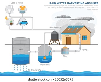 Rainwater harvesting captures, stores, and conserves rainwater for reuse, promoting water sustainability and reducing reliance on traditional water sources.