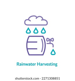 Rainwater harvesting icon. Collecting pouring water in tank. Resource saving concept. Editable vector illustration isolated on a transparent background.