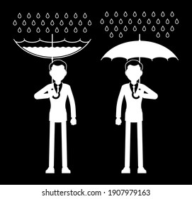 Rainwater harvesting man, RWH icon, collection and storage of rain. Drops catchment technology with umbrella during fresh water scarcity. Vector illustration, black and white ink pen line art drawing