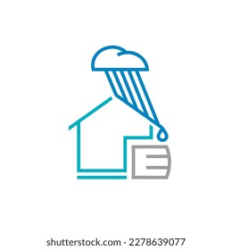 Rainwater harvesting sign. Drought tolerant logo idea. Collecting rain drops. Responsible lifestyle concept. Black pictogram, emblem, icon. Vector illustration isolated on a transparent background.