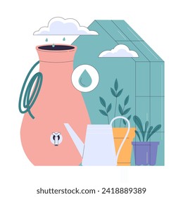 Rainwater harvesting. Sustainable practice of urban water preservation and its use in gardening and farming. Natural water cycle. Flat vector illustration