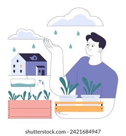 Captura de agua de lluvia. La práctica sostenible de la preservación del agua urbana y su utilización en la jardinería y la agricultura. Plantas de riego para agricultores con sistema de riego. Ilustración vectorial plana