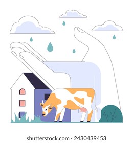 Rainwater harvesting. Sustainable practice of urban water preservation and its use in gardening and farming. Natural water cycle. Flat vector illustration